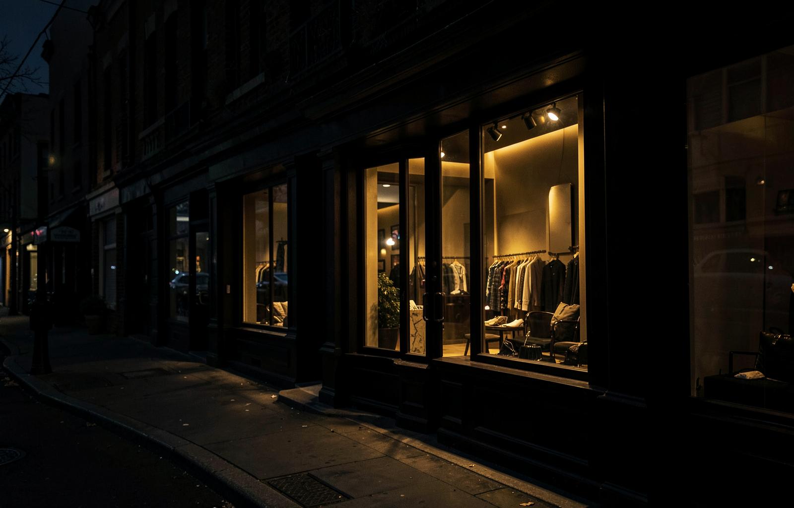 An elegant independent boutique storefront glowing at night, representing REZALTZ Advisory