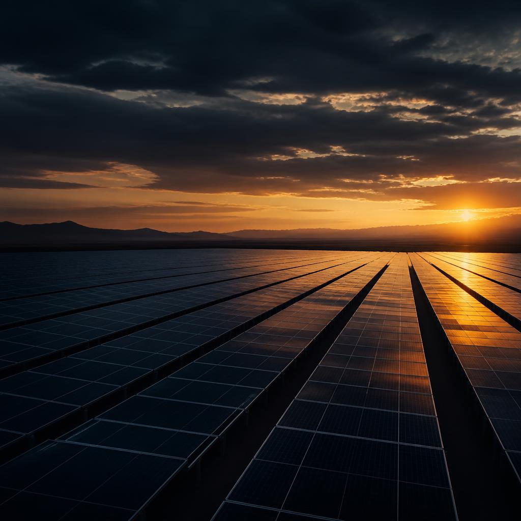 Utility-scale solar farm of REZALTZ Energy at golden hour, photovoltaic panels stretching toward the horizon