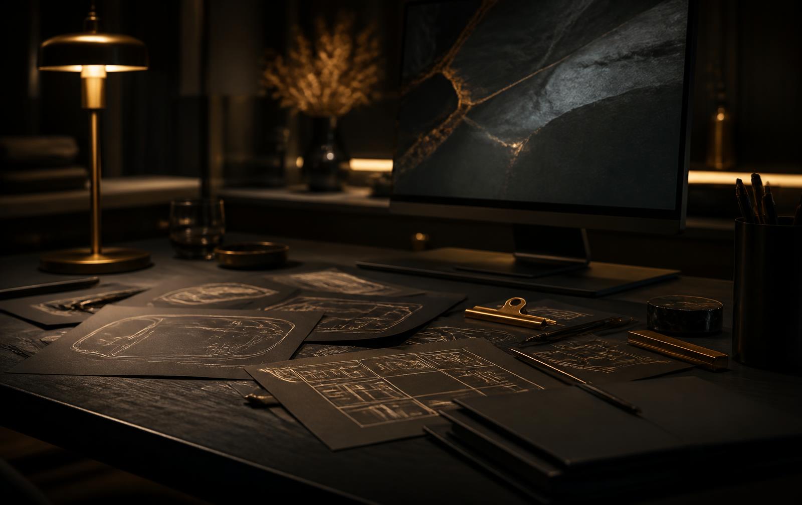 Dark design studio desk with wireframe sketches under a brass lamp representing REZALTZ Studio